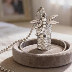May include: A silver dragonfly pendant necklace. The pendant features a detailed dragonfly design atop a cylindrical, textured body. The necklace is displayed on a gray velvet ring holder, showcasing the intricate details of the jewelry.