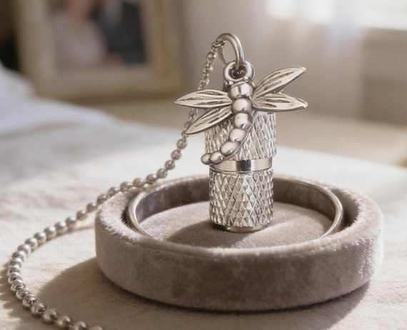 Mini Faceted Cremation Urn on 24" Ball Chain with Dragonfly, Memorial Jewelry, Pet Ashes, Urn Keepsake, Child Urn