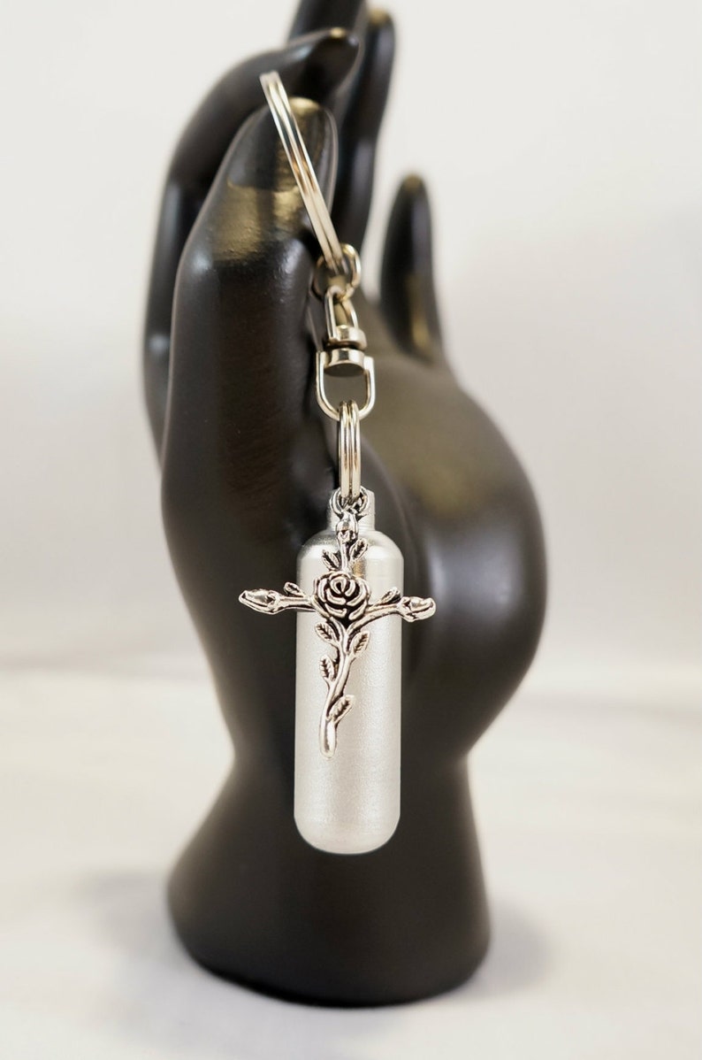 Hand Assembled... Brushed Silver Cremation Urn /& Vial with ROSE CROSS Pendant on Stainless Steel Swivel Keyring in Velvet Pouch