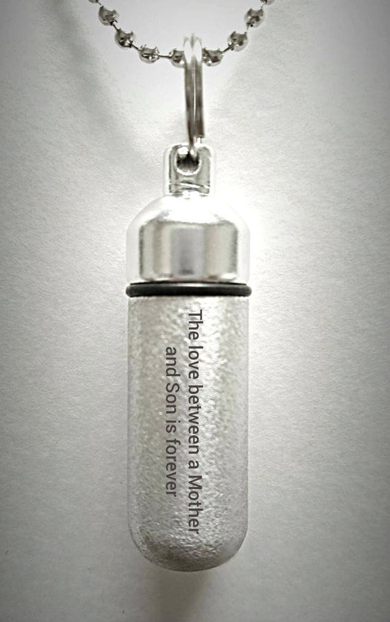 Engraved  "The Love Between A Mother and Son Is Forever" Brushed Silver CREMATION URN Necklace with Velvet Pouch and Fill Kit