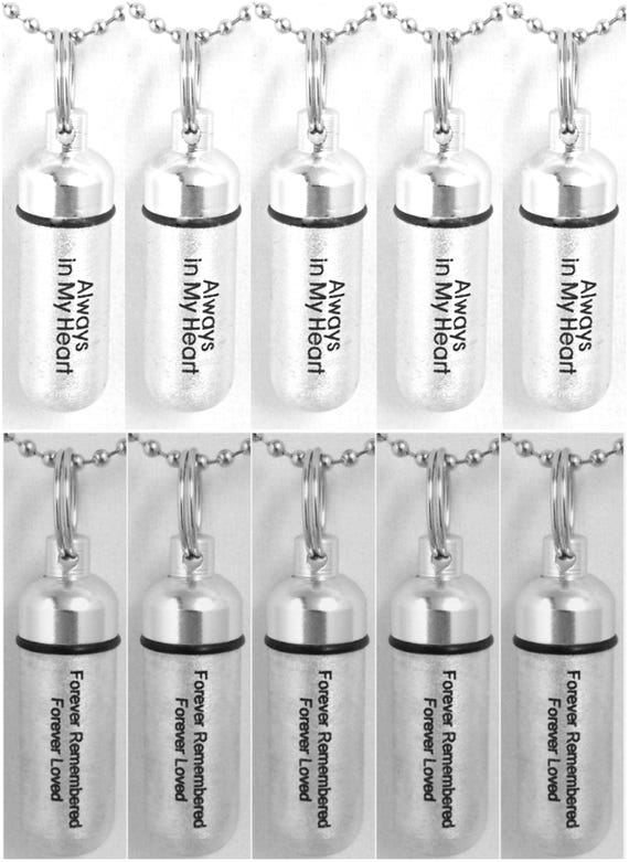 Set of 10 ENGRAVED Brushed Silver Cremation Urn Necklaces - FIVE "Forever Remembered, Forever Loved" & FIVE "Always In My Heart" w/Pouches