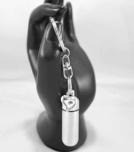 Brushed Silver Cremation Urn & Vial with OPEN HEART Pendant on Stainless Steel Swivel Keyring, Urn Jewelry, Ashes Keepsake, Personalized Urn