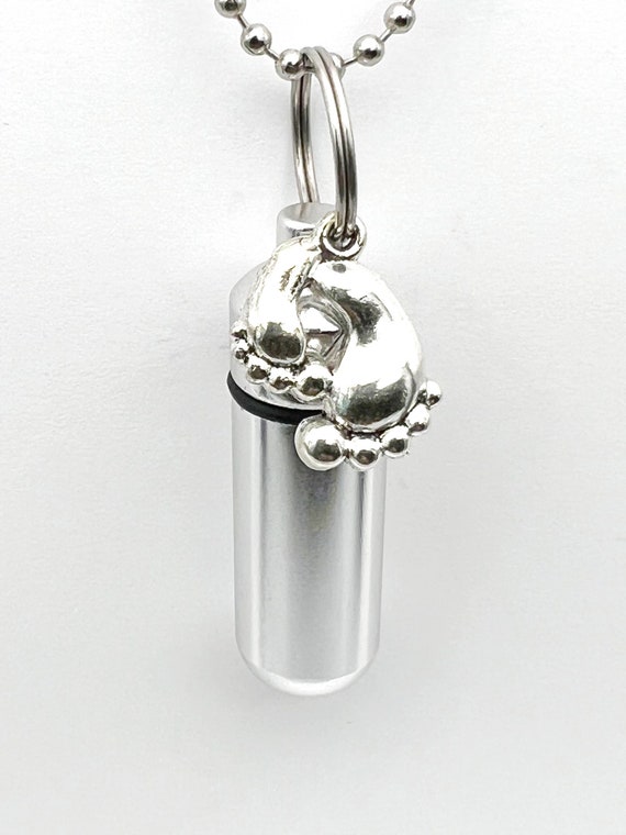 Lovely Cremation Urn Necklace with Silver Baby Feet Includes Black Velvet Pouch,  24" Ball-Chain & Fill Kit - Child Urn, Baby Urn