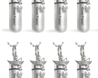 Eight Brushed Silver Fisherman CREMATION URN Necklaces, Engraved "Gone Fishin"  Ashes Keepsake