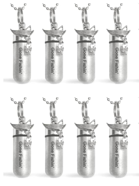Eight Brushed Silver Fisherman CREMATION URN Necklaces, Engraved "Gone Fishin"  Ashes Keepsake