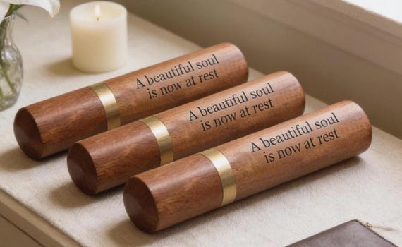 THREE ENGRAVED "A beautiful soul is now at rest" Rosewood Cremation Urns/Scattering Tubes - Fits in Pocket/Purse, TSA Compliant