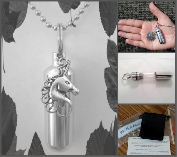 COMPLETE SET - Cremation Urn on 24" Necklace - with large UNICORN - Hand Assembled....w/Velvet Pouch and Fill Kit