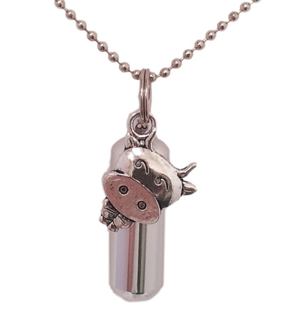 Personal CREMATION URN & holder on 24" Ball-Chain Necklace with Silver Cow, Hand Assembled with Velvet Pouch and Fill Kit, Loss of Loved One