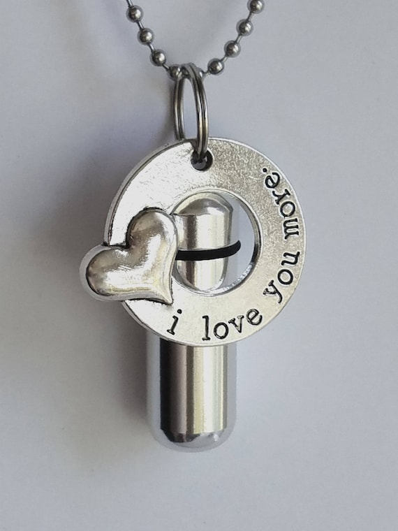 Personal CREMATION URN NECKLACE with "I love you more" Charm Ring - with Velvet Pouch, 24" Steel Ball Chain, Fill Kit, Ashes Keepsake