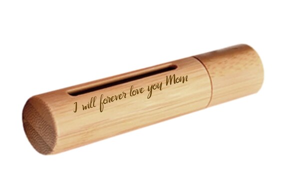 New ENGRAVED "I will forever love you Mom" Sandalwood Cremation Urn / Scattering Tube with Window - Fits Pocket or Purse, TSA Compliant