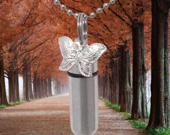 Complete CREMATION URN Set - Lace BUTTERFLY on 24" Ball-Chain Necklace with Velvet Pouch and Fill Kit