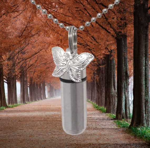 Complete CREMATION URN Set - Lace BUTTERFLY on 24" Ball-Chain Necklace with Velvet Pouch and Fill Kit