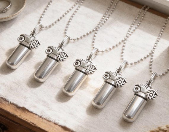 FIVE Cremation Urn Necklaces with Farm Tractor, Memorial Jewelry - Custom Engraving Available!