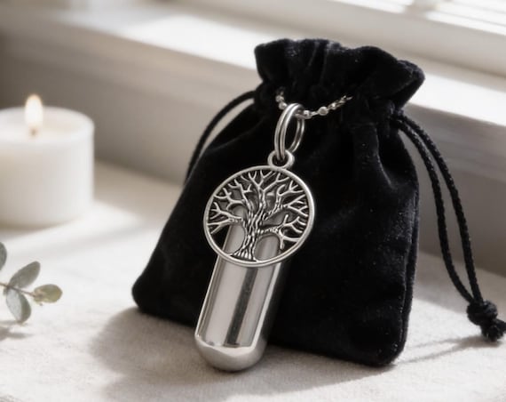 TREE OF LIFE Cremation Urn Necklace with Velvet Pouch - Custom Engraving Available