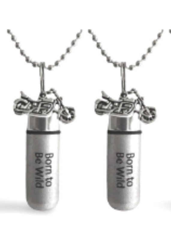Set of 2 ENGRAVED Brushed Silver Cremation Urn Necklaces "Born To Be Wild" with Motorcycles, Memorial Jewelry, Ashes Necklace, Urn for Ashes