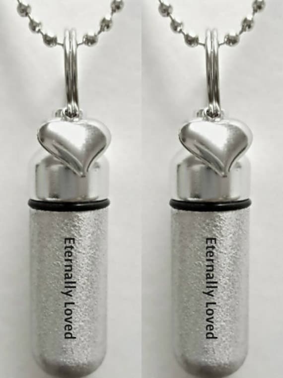 Set of 2 ENGRAVED Brushed Silver CREMATION URN Necklaces "Eternally Loved" with Heart charm - Includes Velvet Pouches & Fill-Kit