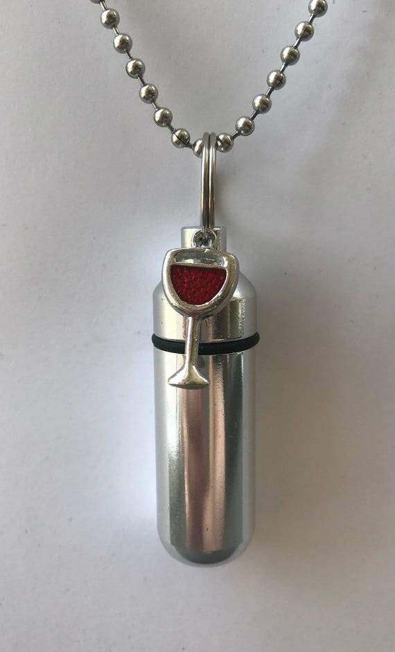 Silver Cremation Urn & Vial on 24" Silver Necklace with Champagne/Cocktail/Cheers Charm - Hand Assembled.... with Velvet Pouch and Fill Kit