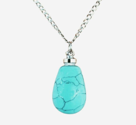 Beautiful Natural Turquoise Crystal Gemstone CREMATION URN with 24" Steel Curb Chain Necklace - Includes Velvet Pouch & Fill Kit