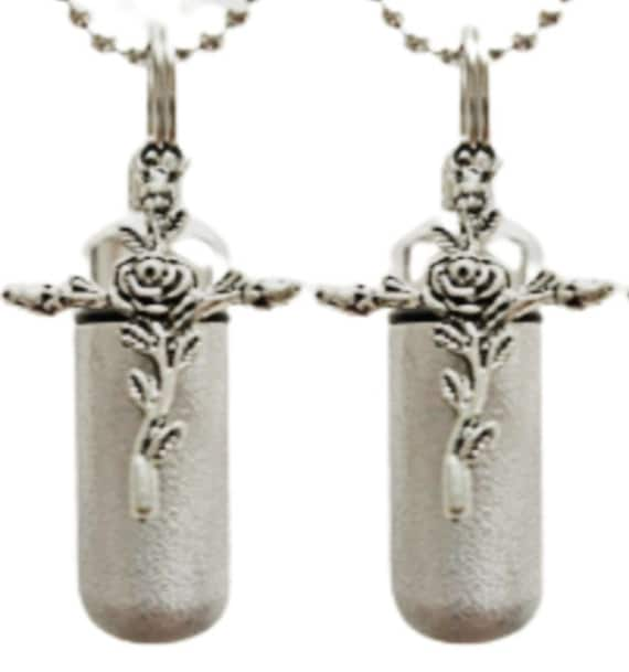 Set of TWO Brushed Silver Anointing Oil Holders with Rose Crosses - Includes 2 Velvet Pouches, 2 Ball Chain Necklaces