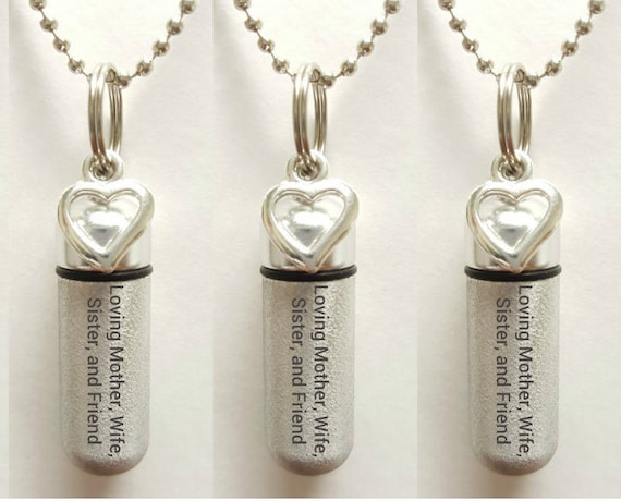 Set of 3 ENGRAVED Brushed Silver CREMATION URN Necklaces "Loving Mother Wife Sister and Friend  - w/Open Hearts,  Velvet Pouches & Fill-Kit