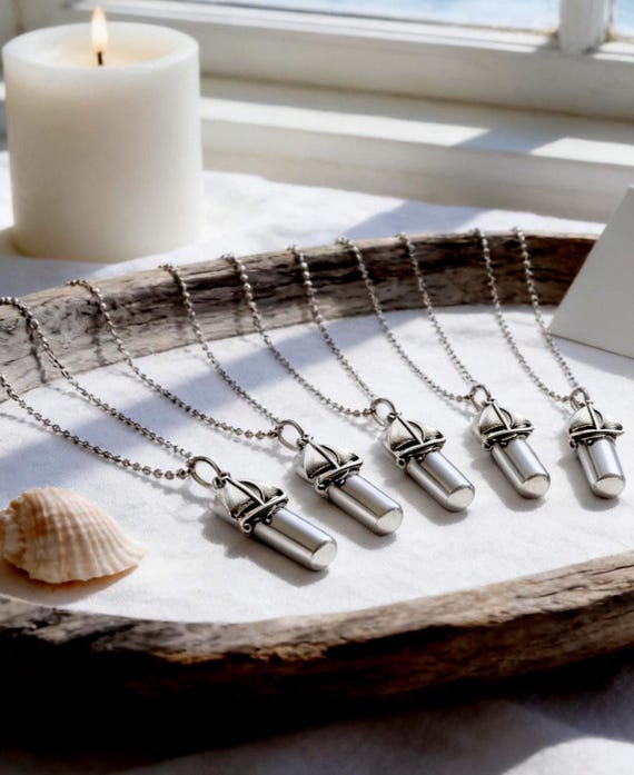 Set Of Five - Silver Sailboat Cremation Urn Necklace - Memorial Keepsake - Engraving Available!
