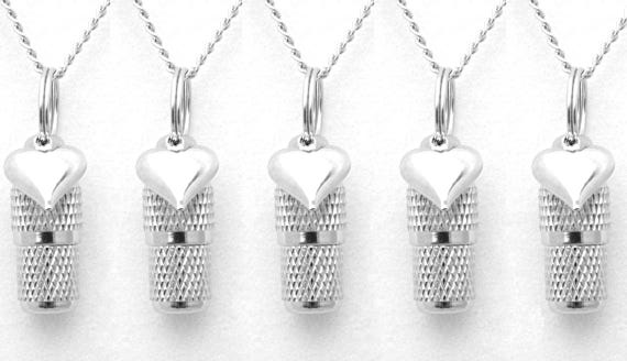 Beautiful Faceted Set of FIVE Mini Cremation Urns on Ball Chain Necklaces w/Silver Hearts - Hand Assembled with 5 Velvet Pouches & Fill Kit