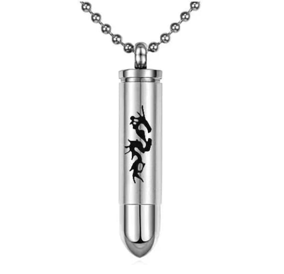 Stainless Steel Bullet Cremation Urn with Laser Engraved Dragon on 24" Ball Chain Necklace - Includes Velvet Gift Pouch | Memorial Keepsake