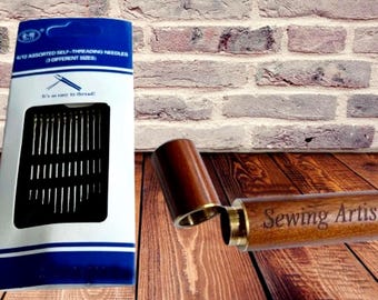 Mahogany Sewing Needle Holder Includes 12 Needles & Velvet Pouch  -  Laser Engraved with  "Sewing Artist"  Thoughtful Gift!!