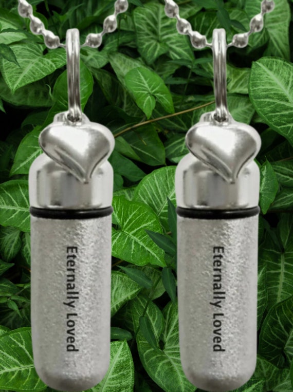 Set of 2 ENGRAVED Brushed Silver CREMATION URN Necklaces "Eternally Loved" with Heart charm - Includes Velvet Pouches & Fill-Kit
