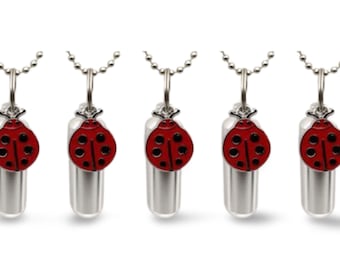 Set of 5 Large Red Ladybug Cremation Urns on 24" Steel Ball Chain Necklaces - Memorial Keepsake, Pet Urn, Ashes Jewelry, Personalized Urn