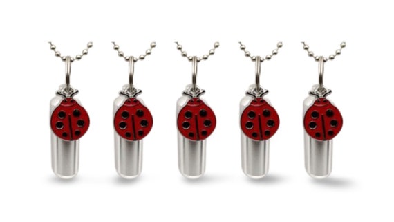 Set of 5 Large Red Ladybug Cremation Urns on 24" Steel Ball Chain Necklaces - Memorial Keepsake, Pet Urn, Ashes Jewelry, Personalized Urn