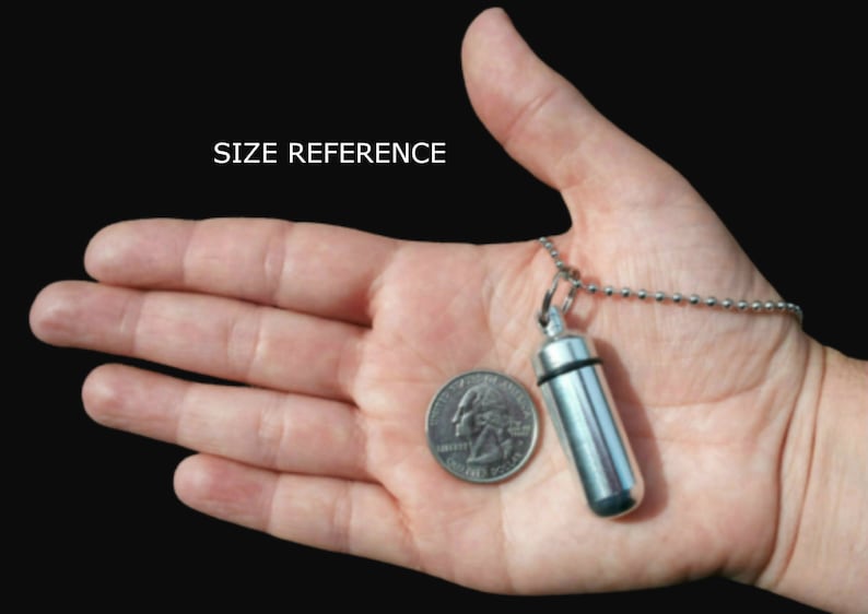 May include: A silver pendant necklace with a small, cylindrical charm. The charm is about the size of a US quarter. The necklace is on a person's hand, with the text "SIZE REFERENCE" above the hand.