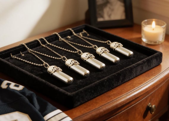 Five Football Helmet CREMATION URNS on 24" Steel Ball-Chain Necklaces - Memorial Jewelry