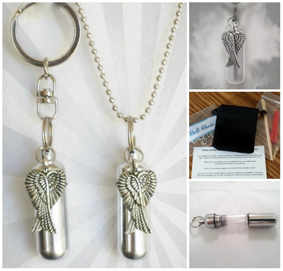 Crossed Angel Wings  2pc. Special Set - Cremation Urn Necklace & Keychain Urn and Velvet Pouches