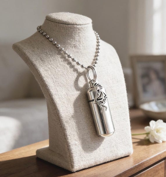 Cremation Urn on Ball-Chain with KOKOPELLI - Memorial Jewelry, Personalized