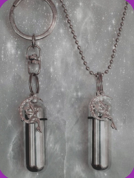 Fairy Angel on Moon  2pc. Special Set - Cremation Urn Necklace & Keychain Urn and Velvet Pouches