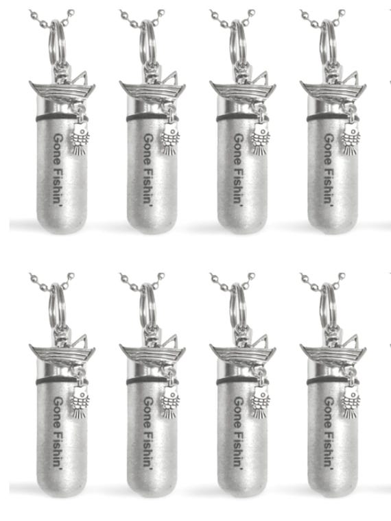 Eight Brushed Silver Fisherman CREMATION URN Necklaces, Engraved "Gone Fishin" Keepsake, Ashes Keepsake, Mourning Jewelry, Loss of Loved One