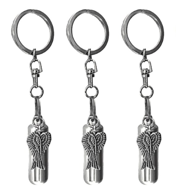 Set of THREE Silver Cremation Urn on Swivel Keychains with Angel Wings, Keepsake Urn, Ashes Keepsake, Child Urn, Pet Urn, Personalized Urn