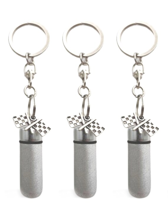 Set of Three PERSONALIZED Brushed Silver  Racing Flag CREMATION URNS on Stainless Steel Swivel Keychains - Ashes Jewelry, Urn Keepsake