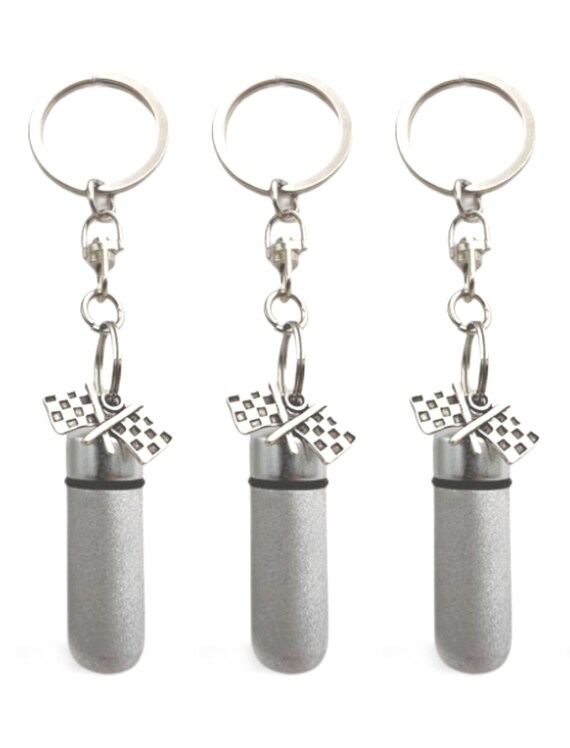 Set of Three PERSONALIZED Brushed Silver  Racing Flag CREMATION URNS on Stainless Steel Swivel Keychains - Ashes Jewelry, Urn Keepsake