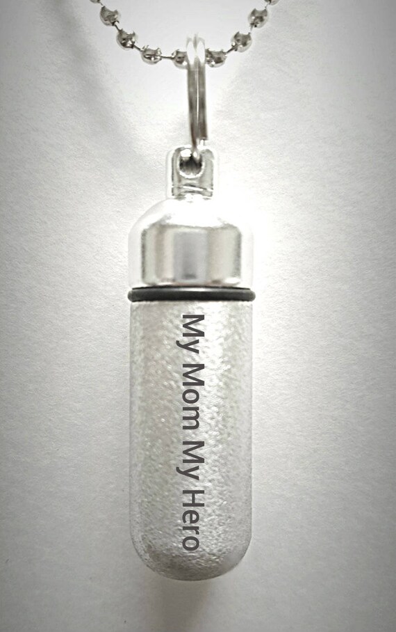 Engraved "My Mom My Hero" Brushed Silver CREMATION URN Necklace  Hand Crafted  with Velvet Pouch and Fill Kit