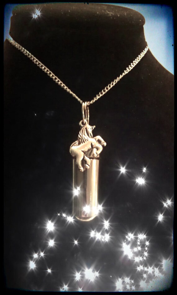 Silver Cremation Urn on 24" Curb Chain Necklace  with UNICORN, Hand Assembled with Black Velvet Pouch - Ashes Keepsake, Ashes Jewelry