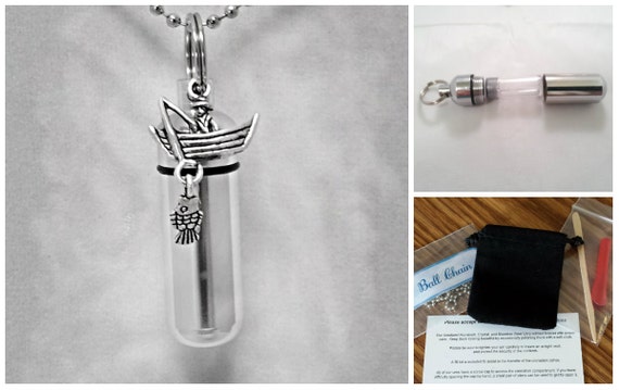 Set Silver Fisherman in Boat - Cremation Urn on 24" Necklace - Hand Assembled with Velvet Pouch and Fill Kit, Memorial Jewelry