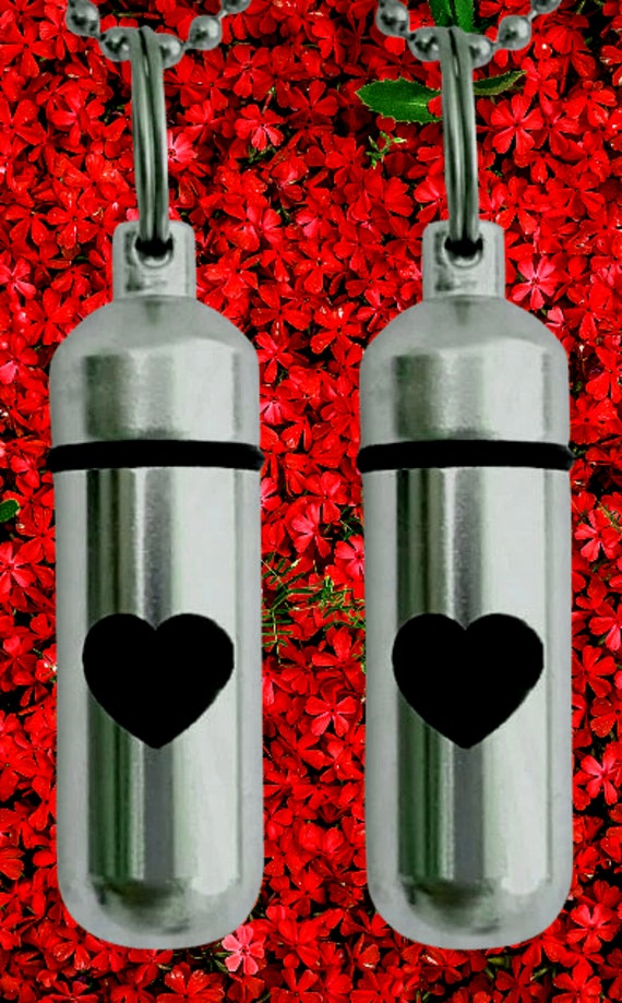 TWO Laser Engraved Simple Heart Cremation Urn Necklaces with Velvet Pouches, Ball-Chains and Fill Kit