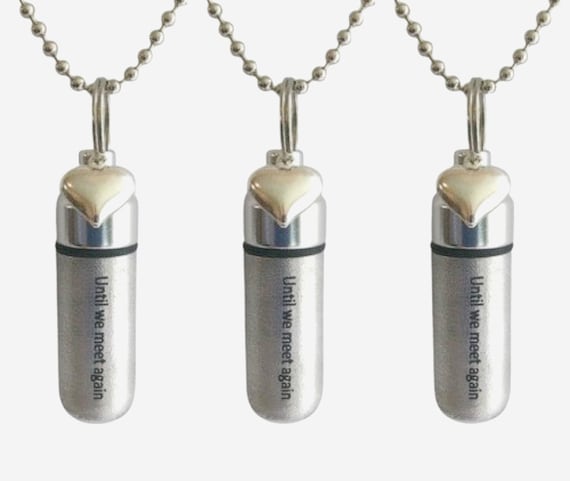 Set of 3 ENGRAVED Brushed Silver Cremation Urn Necklaces "Until we meet again" with Puffed Heart - with 3 Velvet Pouches, 3 Chains, Fill Kit
