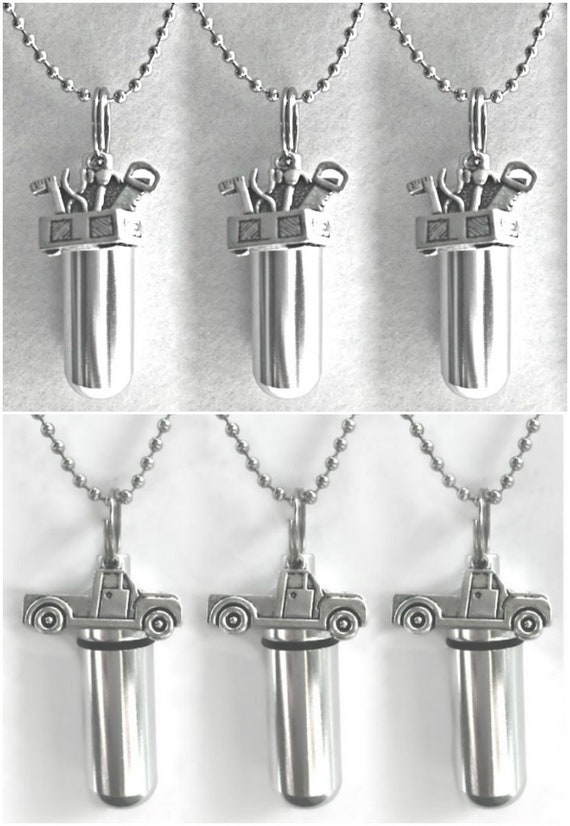 Set of SIX Cremation Jewelry Urn Necklaces - 3 Toolboxes & 3 Pickup Trucks - Remembrance Jewelry, Memorial Keepsakes, Urn For Ashes