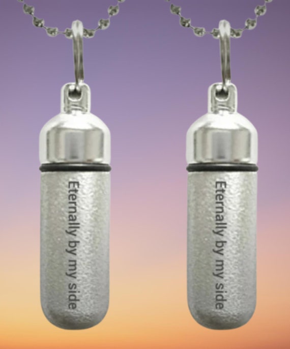 Set of 2 ENGRAVED Brushed Silver CREMATION URN Necklaces "Eternally by my side"  - Includes Velvet Pouches & Fill-Kit