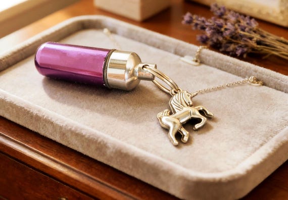 Purple Two-Tone Cremation Urn Necklace with Silver UNICORN - Memorial Keepsake, Custom Engraving Available!