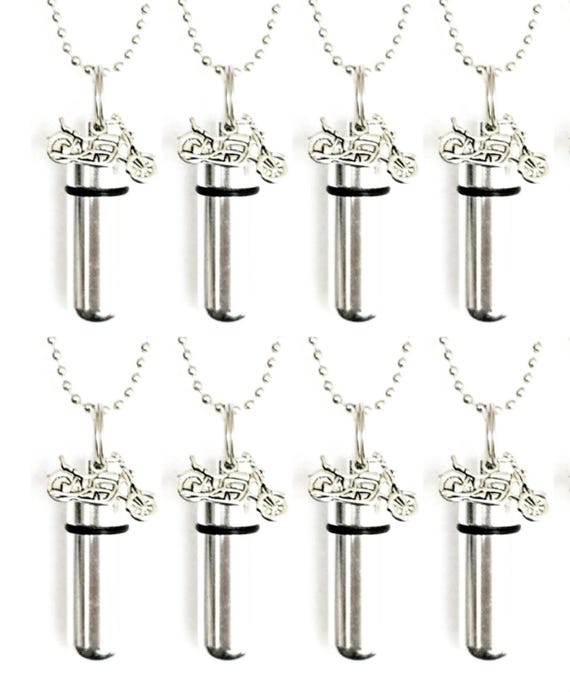 EIGHT Polished  MOTORCYCLE URN Necklace Keepsakes, Memorial Jewelry, Laser Engraving Available