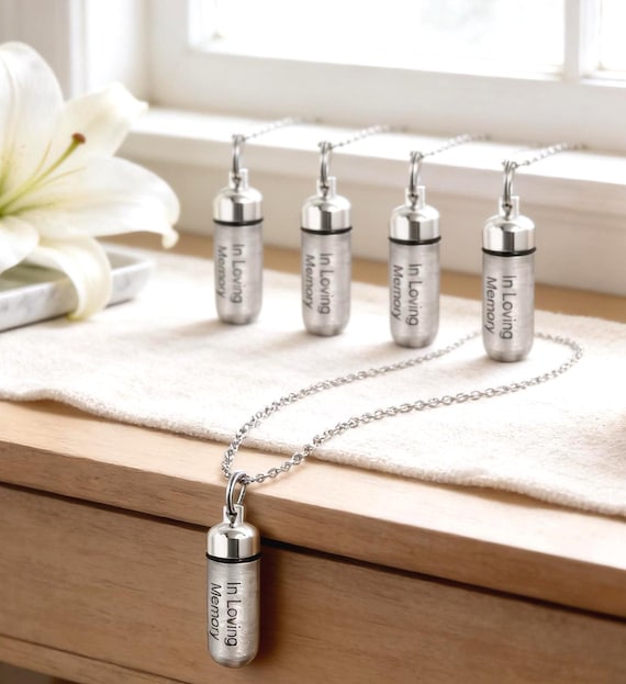 FIVE Brushed Silver Cremation Urn Necklaces "In Loving Memory"  Memorial Jewelry.